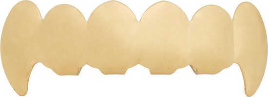 Gouden vampire grillz met zes tandvormige openingen. Zwarte achtergrond.