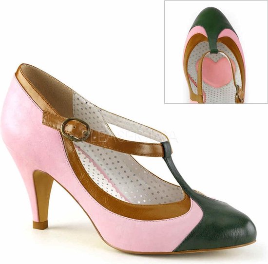 Peach-03 flapper pump met korte hak en T-bandje roze/bruin/groen - Vintage Rockabilly 20's - (EU 40 = US 10) - Pin Up Couture