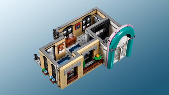 LEGO Creator Expert Downtown Diner 10260 bovenste verdieping met meubels, jukebox en figuren.