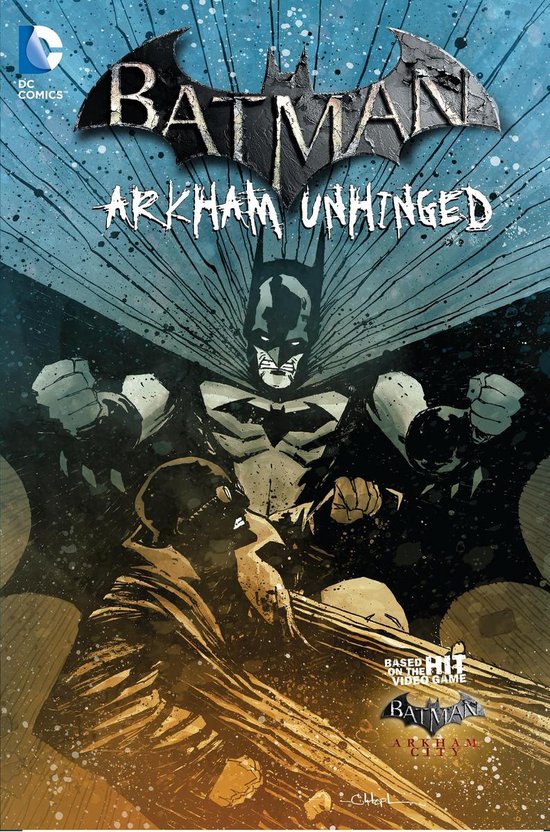 Batman Arkham Unhinged comic cover met Batman die een schurk vastpakt. "BATMAN ARKHAM UNHINGED"