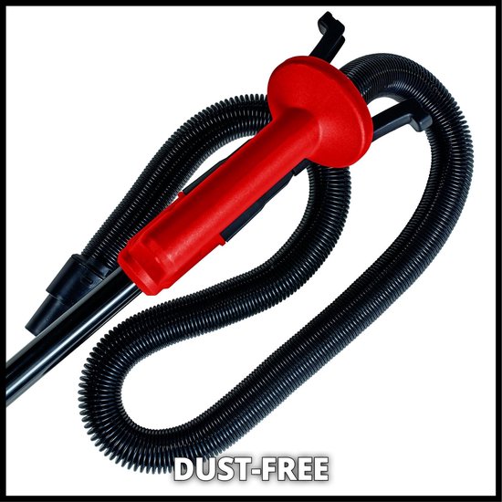 Zwarte flexibele slang met rode handgreep en metalen steel. Tekst: DUST-FREE.
