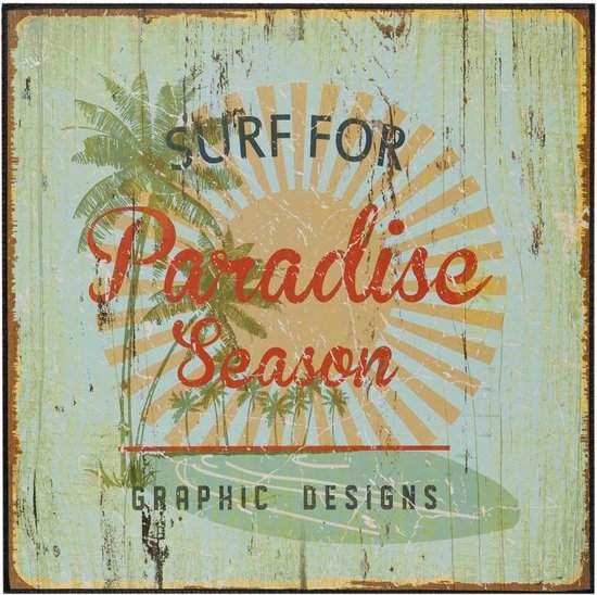 Surf For Paradise Season Retro - Schilderij - 25 x 25 cm - hout - multi
