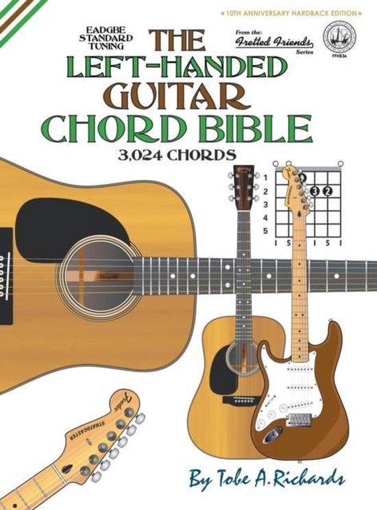 Boek "The Left-Handed Guitar Chord Bible" met 3.024 akkoorden, in standaard stemming. Bevat illustraties van gitaren.