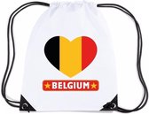 Belgie nylon rijgkoord rugzak/ sporttas wit met Belgische vlag in hart