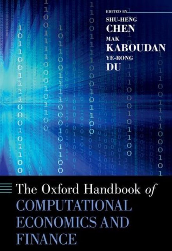 De Oxford Handbook of Computational Economics and Finance met een blauwe, digitale achtergrond van nullen en enen.