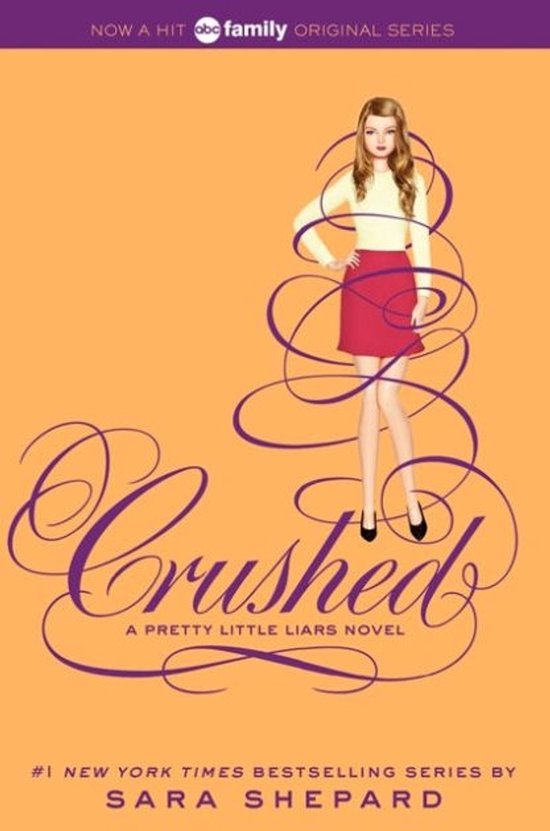 Boek 'Crushed' met een blonde vrouw in een geel shirt en rode rok op een oranje achtergrond.