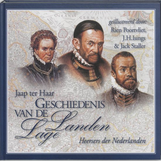 Boekcover met portretten van drie mannen en een vrouw, met de titel 'Geschiedenis van de Lage Landen'.
