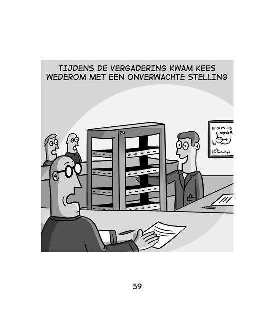 Een man bij een server rack tijdens een vergadering; in een tekstballon staat "Tijdens de vergadering kwam Kees wederom met een onverwachte stelling".