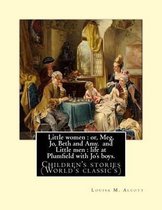 Klassiek schilderij van een familie in Victoriaanse kleding met titel: Little Women en Little Men door Louisa M. Alcott.
