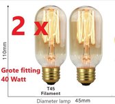 2 stuks Edison gloeilamp kooldraad lamp, vintage retro filament bulb, draadlamp antiek E 27 40 watt grote fitting T 45 filament -
