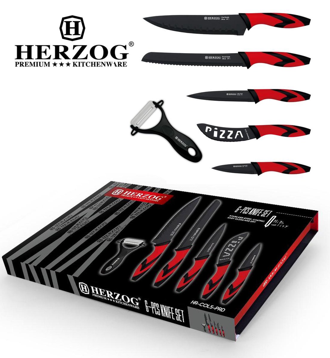 Herzog HRCOL5 6 Pieces Ceramic Coated Stainless Steel Knife Set Red