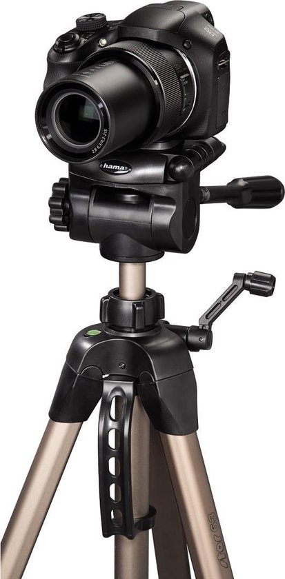 Bronzen Hama statief met daarop een camera, details van de kop.