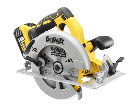 Gele en zwarte DeWalt cirkelzaag met 184mm zaagblad. Zilverkleurige metalen voetplaat.