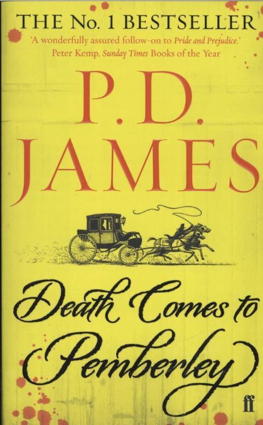 Boekcover van 'Death Comes to Pemberley' door P.D. James. Een koets wordt getrokken door paarden.