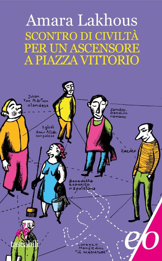 Boekillustratie met zes gestileerde figuren, genaamd Johan, Iqbal, Benedetta, Sandro, Amedeo en Lorenzo, met titels in het Italiaans.