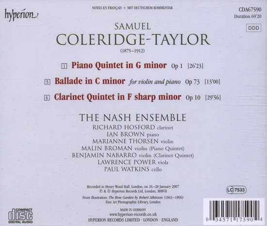CD hoes met tekst: Samuel Coleridge-Taylor, Piano Quintet, Clarinet Quintet, The Nash Ensemble. Met barcode.