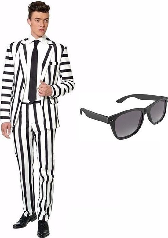 Zwart/wit gestreept print heren kostuum / pak - maat 46 (S) met gratis  zonnebril | bol.com