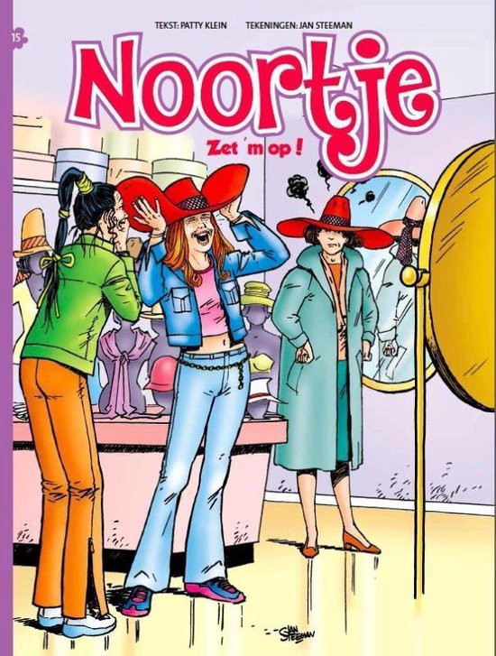 Noortje stripboek, drie meisjes met cowboyhoeden, waarvan één met een blauwe spijkerjas en roze top.