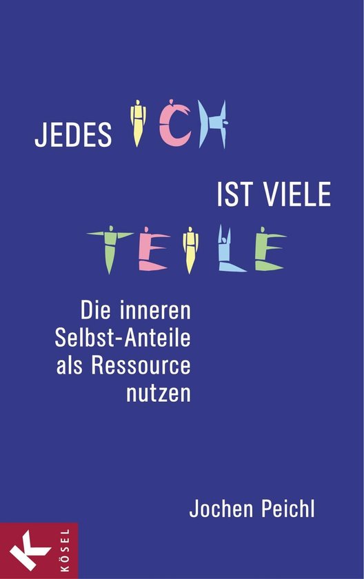 Boek met de titel 'JEDES ICH IST VIELE TEILE'. De tekst is paars op een blauwe achtergrond.