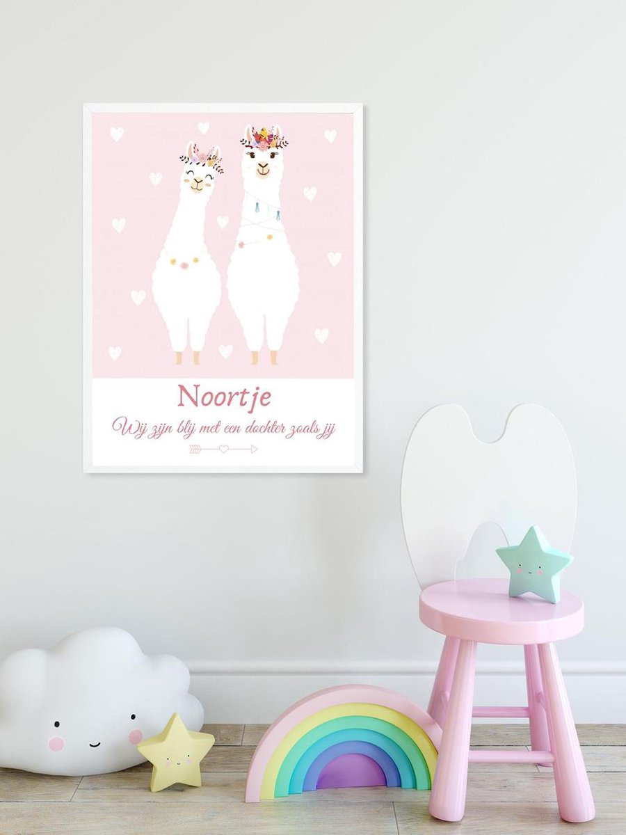 Gepersonaliseerde poster babykamer of kinderkamer, poster met naam van kind, gepersonaliseerd kraamcadeau. Inclusief fotolijst ! 21x30 cm (A4). Lama's