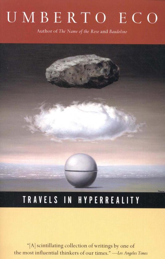 Boekomslag van Umberto Eco's Travels in Hyperreality met een zwevende steen, wolk en bol.