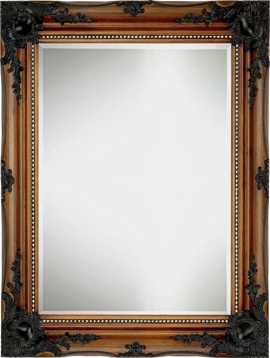 Barok Spiegel hout met gouden accenten - Wand spiegel Roy Buitenmaat 66 x 91 cm Walnoot-goud - Met Facetrand - Sierspiegel - Barokspiegel - Ornament spiegel voor hal - woonkamer - Schouwspiegel Klassiek