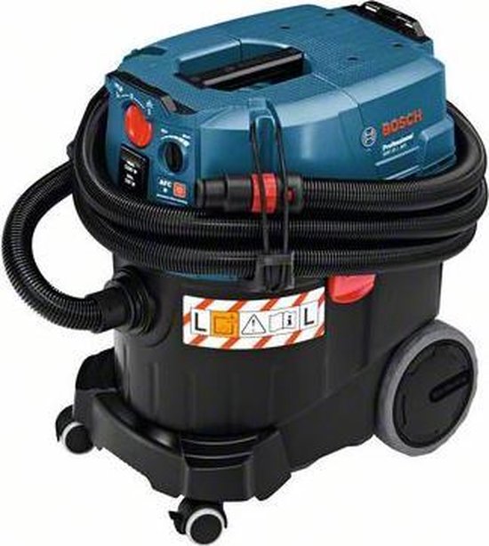 Blauwe en zwarte Bosch GAS 35 L AFC stofzuiger met slang rond de bovenkant.