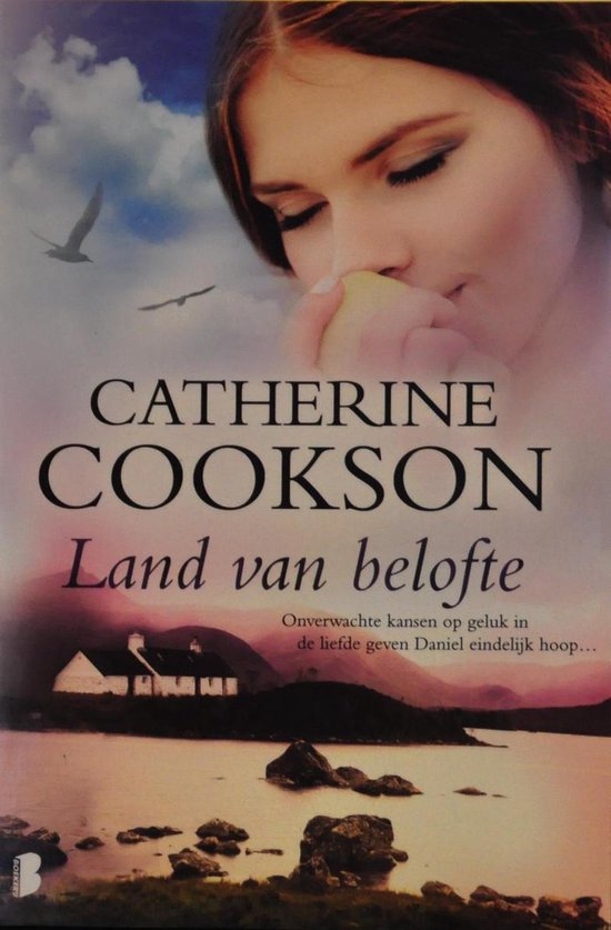 Boekomslag met een vrouw en een landschap. Titel: Land van belofte.
