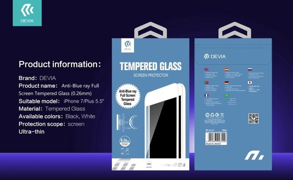 Anti-Blue ray 3D Curved Tempered Glass Full Screen Protector voor Apple iPhone 7 Plus / 8 Plus - Wit - Devia