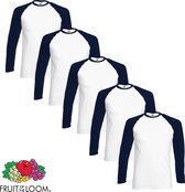 5 pack Fruit of the Loom Longsleeve T-shirts Blauw/Wit XL