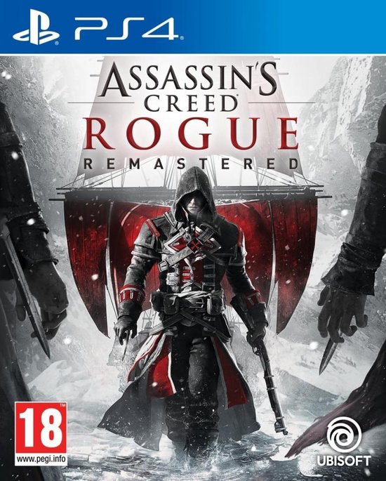 Assassin's Creed Rogue Remastered PS4 box art met een man in een Assassins-outfit.