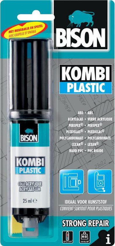 Bison Kombi Plastic 25 ml lijm in een blisterverpakking, met mengbankje en spatel. Ideaal voor kunststof.
