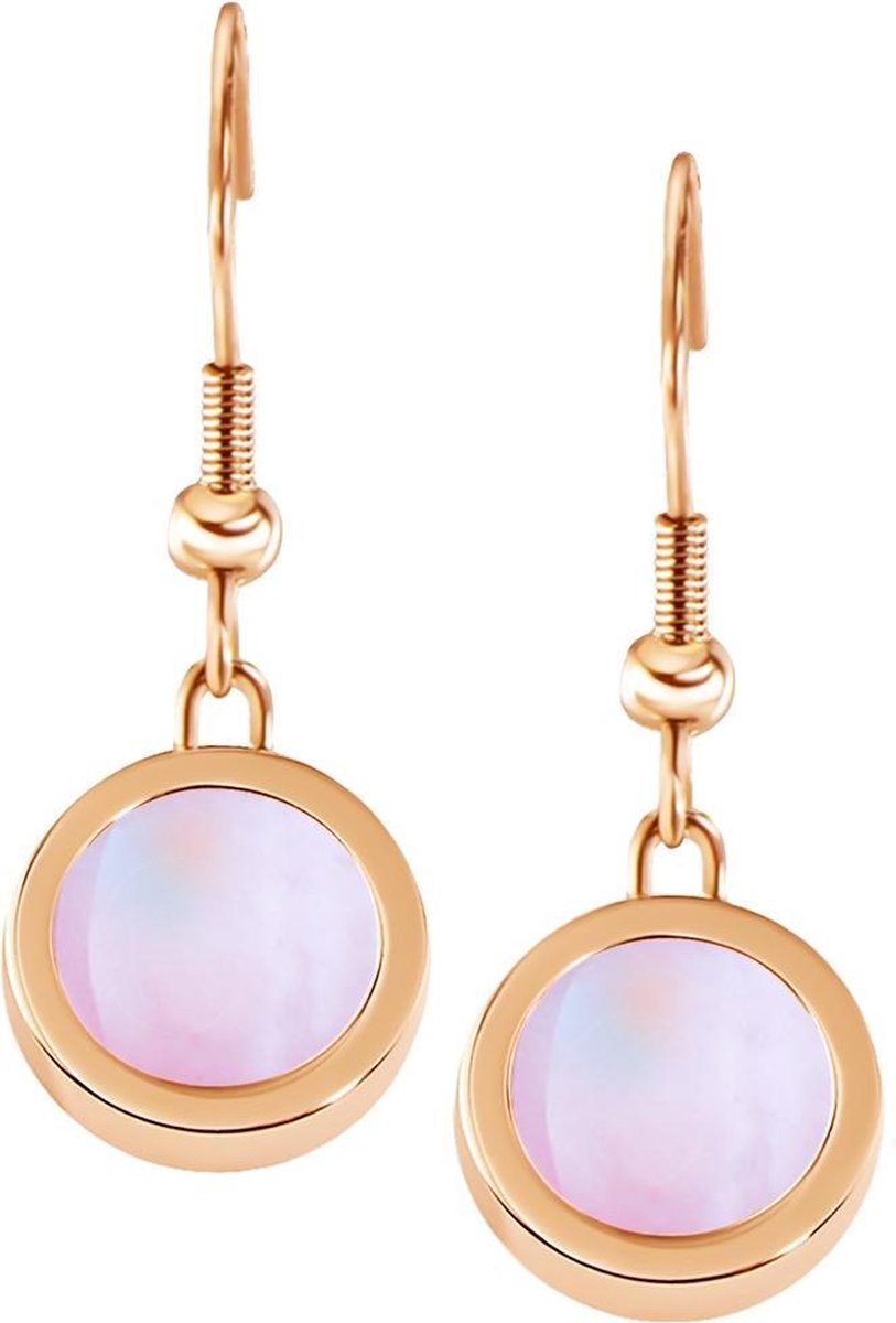 Quiges RVS Schroefsysteem Oorhangers Oorbellen Rosékleurig met Verwisselbare Roze Schelp Mini Munt Set - ECOS012