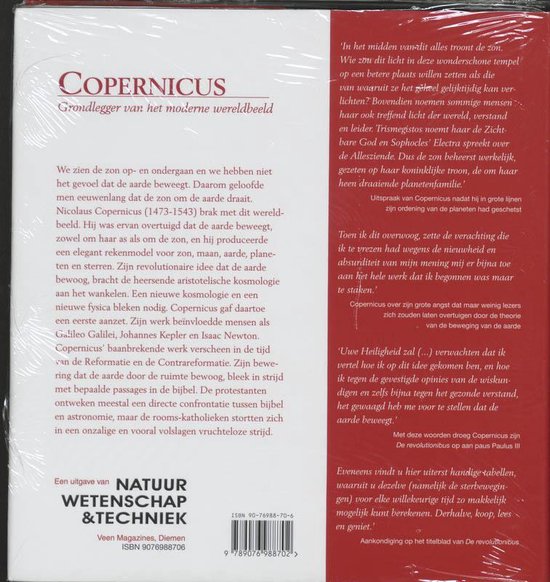 Achterkant boek 'Copernicus' met tekst over Nicolaas Copernicus en een ISBN-barcode.