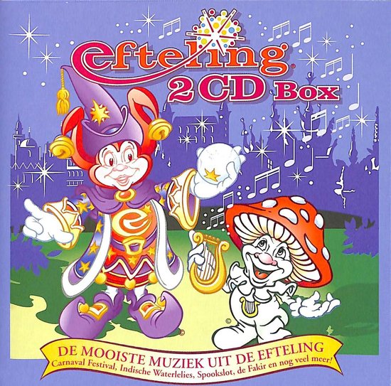 Efteling 2 CD Box met vrolijke figuren: een nar met sterren en een paddenstoel.