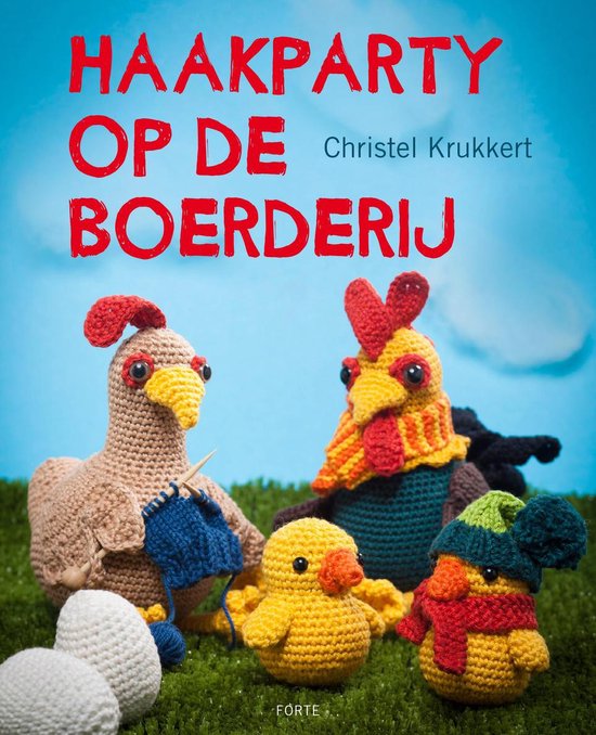 Kip met breinaalden, haan en kuikens, met de titel "Haakparty op de boerderij"