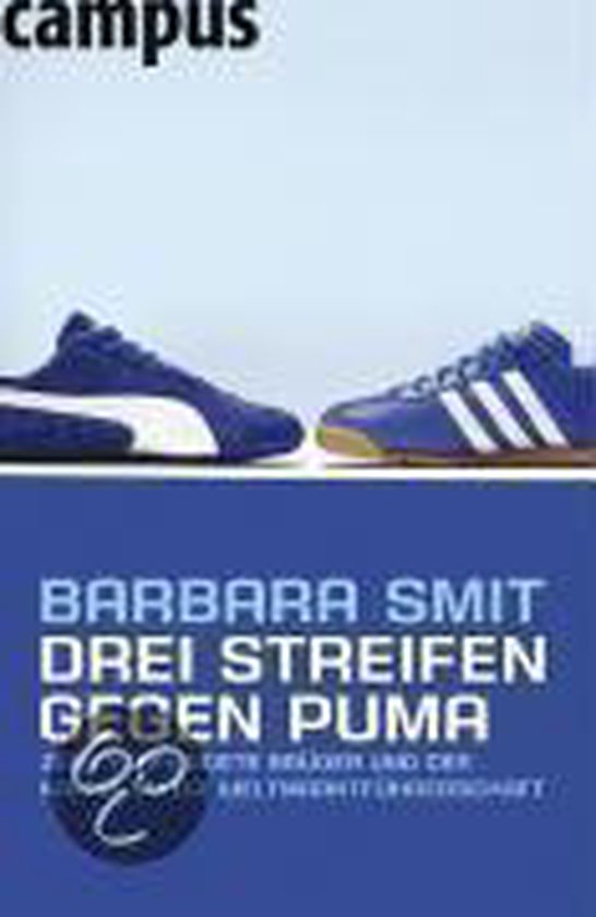 Blauwe Puma en Adidas schoenen, met tekst 'Drei Streifen gegen Puma'.