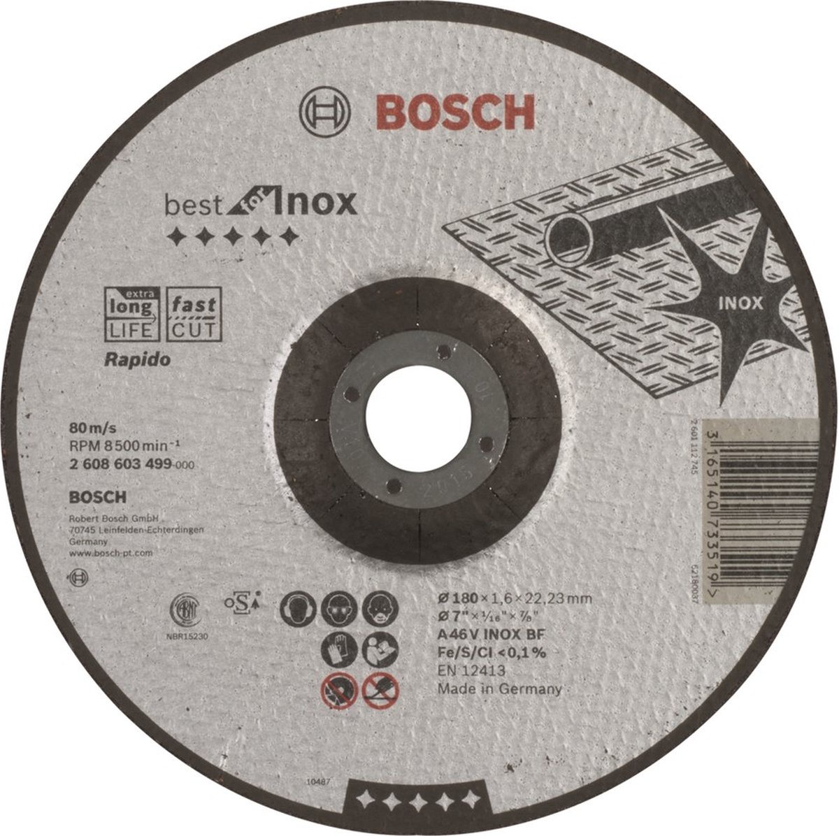 Doorslijpschijf gebogen Best for Inox - Rapido A 46 V INOX BF, 180 mm, 22,23 mm, 1,6 mm 1st