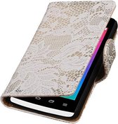Lace Bookstyle Wallet Case Hoesjes voor LG Joy H220 Donker Wit