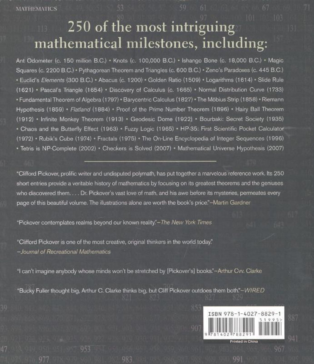 Boekomslag: "250 of the Most Intriguing Mathematical Milestones" met titel en citaten. ISBN 978-1-4027-8829-1.