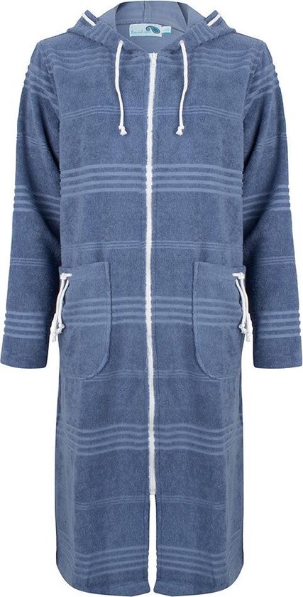 ZusenZomer stoere Dames badjas met rits en capuchon - saunajas badjas ochtendjas - badstof - Blauw - L/XL (maat 40 tot 44) - Jeans blauw