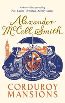 Boekomslag met 'Corduroy Mansions' door Alexander McCall Smith. Een hond, paraplu, groepjes mensen en een man met glas, centraal op een medaillon met Londense architectuur.