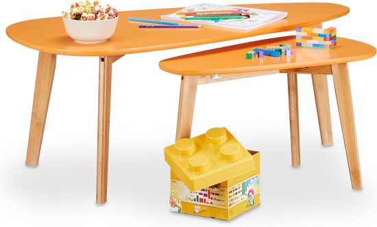 Kinder speeltafel - relaxdays salontafel retro - vintage bijzettafel - stoer - 2 stuks - koffietafel - hout oranje