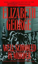 Boekomslag van 'Well-Schooled in Murder' door Elizabeth George. Rode letters op een grijze, hek-achtige achtergrond.