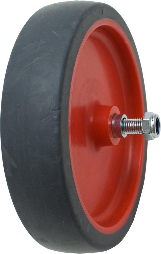 Zwart wiel met rode velg en bout.