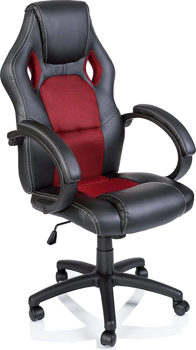 TRESKO® Racing directeursstoel bureaustoel draaistoel 14 kleurvarianten, gevoerde armleuningen, wipmechaniek, liftsysteem SGS-getest (zwart/rood)