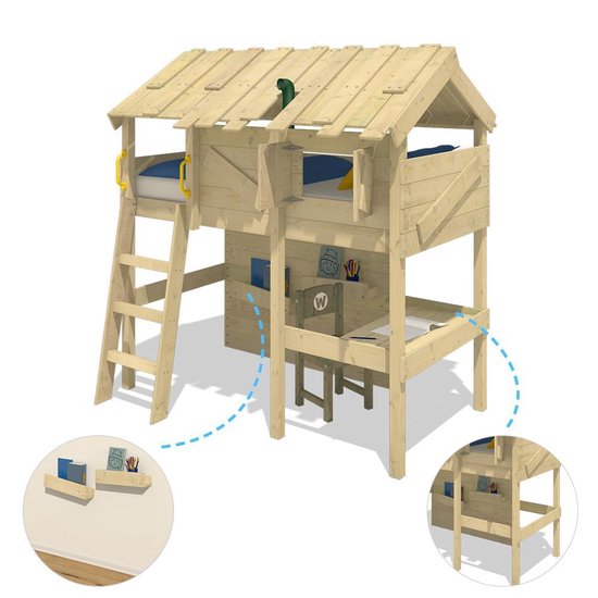 Massief bed 90x200 cm, met trap en opbergkast, kinderbed, juniorbed, eenpersoonsbed, massief houten frame, hoge hoogte
