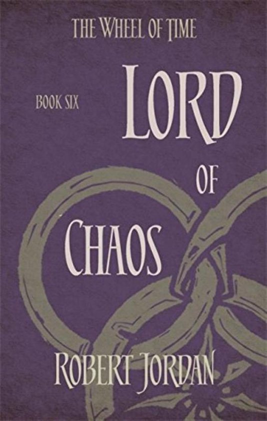 Boekomslag van 'The Wheel of Time: Lord of Chaos', boek zes, met een paars patroon en cirkelvormig ontwerp.