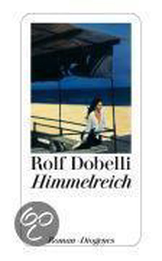 Boek "Himmelreich" van Rolf Dobelli, met een vrouw op een zonnig strand.