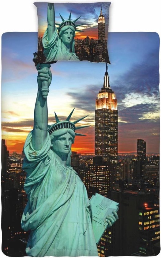 New York Vrijheidsbeeld bij nacht - Dekbedovertrek - Eenpersoons - 140 x  200 cm - Multi | bol.com